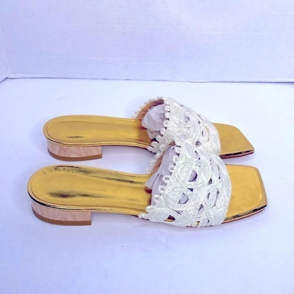 THINGS II COME Women's Tavita Slide Wood Heel Straw Flat Sandals Size 8